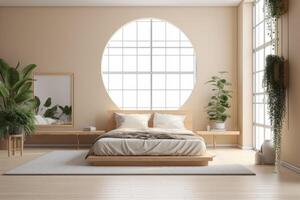 Minimal interior design bedroom with beige cozy tone style, decorate with wooden bed, lamp, white pillows, table, and brown tone background, empty wall for mock up and banner, with . photo