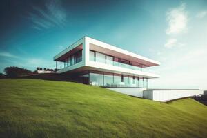 moderno nórdico casa estilo en césped colina con piscina y hermosa fondo, relajación tiempo, villa casa concepto, arquitectura diseño para familia, hermosa dulce hogar con generativo ai. foto