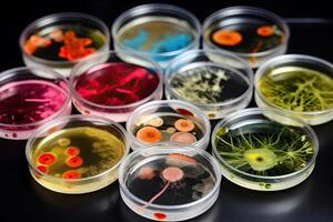 vistoso variedad de microorganismo dentro petri plato plato en laboratorio con súper macro enfocar fondo, incluso de bacterias, protozoos, algas, y hongos, con generativo ai. foto