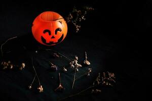 Halloween pumpkin head with dry flowers on black clothes in natural shadow and light. Halloween holiday concept. photo