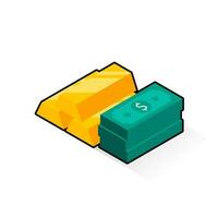 Gold Bar and Dollar - Black Stroke with Shadow icon vector isometric. Flat style vector illustration.