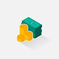 Dollar Money and Coin - White Stroke with Shadow icon vector isometric. Flat style vector illustration.