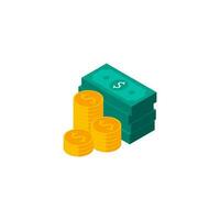 Dollar Money and Coin - White Background icon vector isometric. Flat style vector illustration.