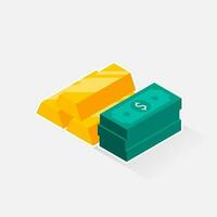 Gold Bar and Dollar - White Stroke with Shadow icon vector isometric. Flat style vector illustration.