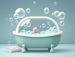 White bathtub in bathroom. Vintage bath and soap foam bubbles on blue background. photo