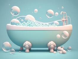 White bathtub in bathroom. Vintage bath and soap foam bubbles on blue background. photo