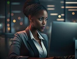 moderno oficina negro mujer de negocios sentado a su escritorio trabajando en un computadora. sonriente exitoso africano americano mujer. generativo ai foto