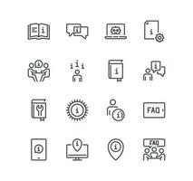 Set of info and help desk related icons, privacy policy, manual, rule, instruction, inform, guide, reading, info center and linear variety vectors. vector