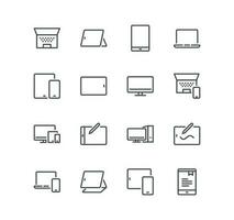 Set of personal devices related icons, tablet, desktop pc workstation, monitor, display, portable device, laptop, keyboard and linear variety vectors. vector