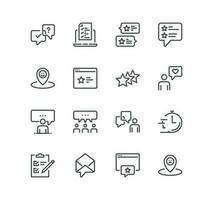 Set of feedback related icons, rating, testimonials, customer relationship management, quick response, review, satisfaction and linear variety vectors. vector