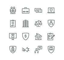 Set of insurance related icons, life, car, house, health, care, money protection, contract and linear variety vectors. vector