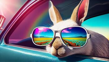 Cool bunny sunglasses looking with colorful summer background. photo