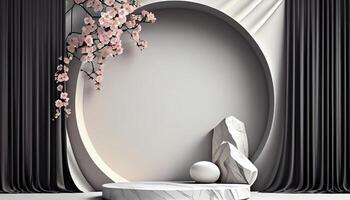 Abstract 3d podium for product presentation with geometric shapes, Empty round podium,Platforms for product presentation show new product background. photo
