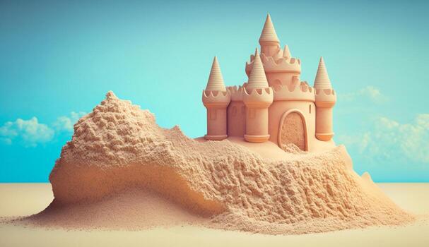 Sandcastle at the beach in summer concept with photo