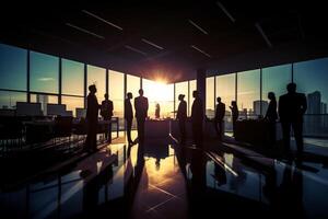 silhouette business people working at bright office with photo