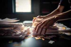 the hands of an office worker working with stacks of documents with photo