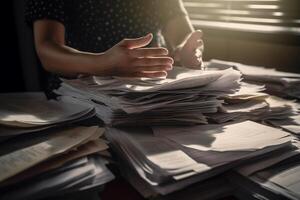 the hands of an office worker working with stacks of documents with photo