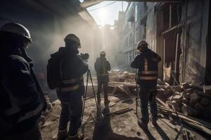 grupo de constructores trabajando a construcción sitio por tomando imágenes desde el espalda con generativo ai foto