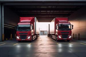 loading bay with two trucks parked outside in the style of modern with photo