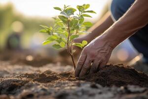 volunteer planting new tree in dirt in an urban garden with photo