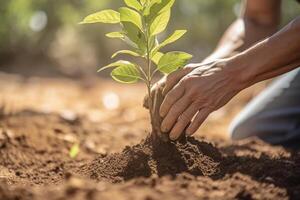 volunteer planting new tree in dirt in an urban garden with photo