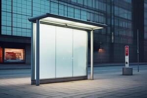 a bus stop with a large blank billboard on the pavement with photo