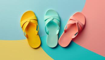 Flip flops on a bright background in summer concept with photo