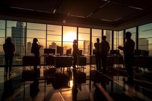 silhouette business people working at bright office with photo