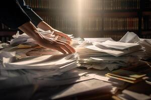 the hands of an office worker working with stacks of documents with photo