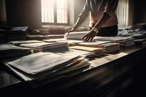 the hands of an office worker working with stacks of documents with photo