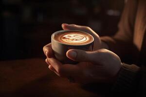 the hands of barista holding a mug of hot coffee with photo