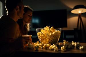 hombre y mujer acecho televisión con el palomitas de maiz en el Cubeta con generativo ai foto