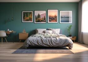 indoor or interior bedroom with photo