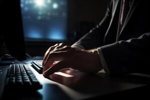 the hands of Businessman pressing on computer screen with photo