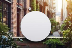 a blank white round metal sign mock up in modern urban with photo