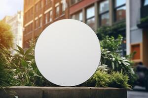 a blank white round metal sign mock up in modern urban with photo