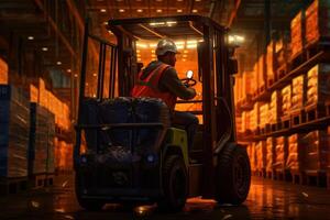 worker on forklift in the style of cluttered with photo