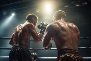 boxeadores lucha como ligero brillante alrededor ellos con generativo ai foto