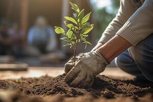 volunteer planting new tree in dirt in an urban garden with photo