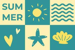 Summer positive collage. Vector illustration of sea beach objects, sun, shell, waves, starfish. Text design.