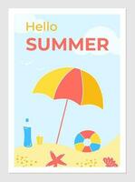 Hello summer poster. Sea beach elements and objects for vacation. Vector illustration of beach umbrella, ball, shell, starfish. Sky with clouds and birds.