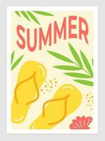 Summer poster with sea beach elements and objects for vacation. Vector illustration of flip flops, shell and tropical plants. Text design.