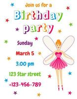 Vector illustration. Children's birthday invitation card. Fairy. Sorceress.