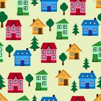 Vector seamless pattern. Colorful houses with trees. Children's design