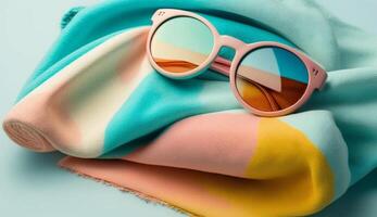 Beach towel and sunglasses in summer concept with photo