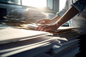 the hands of an office worker working with stacks of documents with photo