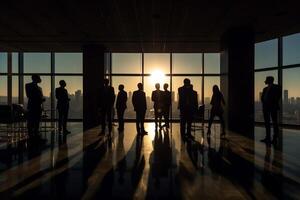 silhouette business people working at bright office with photo