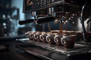 espresso machine dispenses coffee into cups on stainless steel espressor with photo