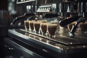 espresso machine dispenses coffee into cups on stainless steel espressor with photo