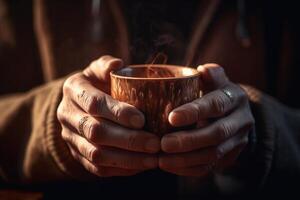 the hands of barista holding a mug of hot coffee with photo